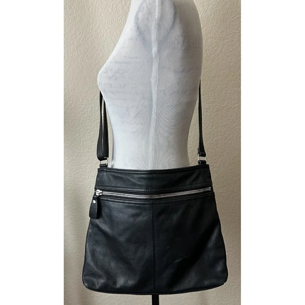Margot Crossbody Bag Double Zip Black Leather Handbag Silver Accent‎ Purse